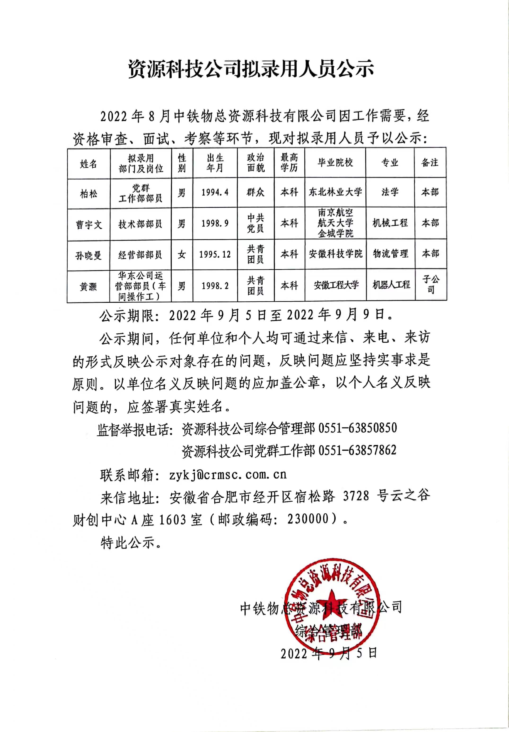 资源科技公司拟录用人员公示